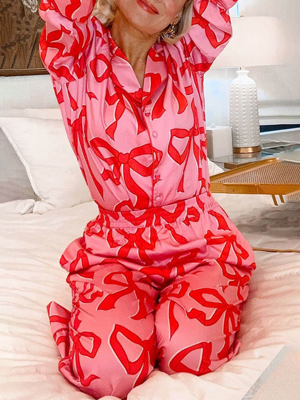 Roze pyjamaset met rode strikjes - Evangeline