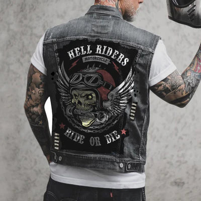 Bambang | Heren motor denim vest met motorfiets- en skeletprent