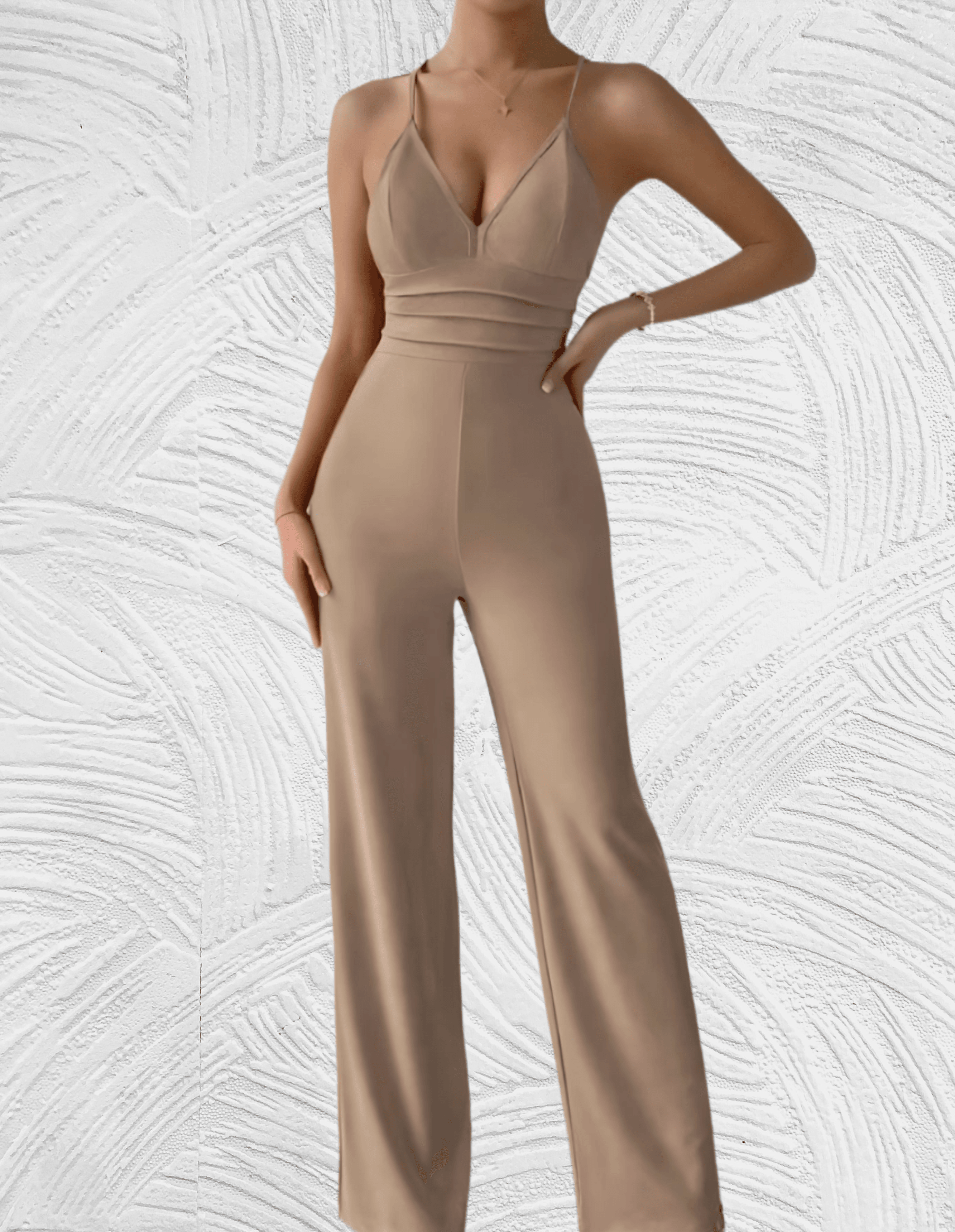 Elizabet - Jumpsuit met lage v hals mouwloos rugloos en wijde pijpen