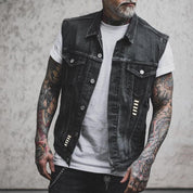 Bambang | Heren motor denim vest met motorfiets- en skeletprent